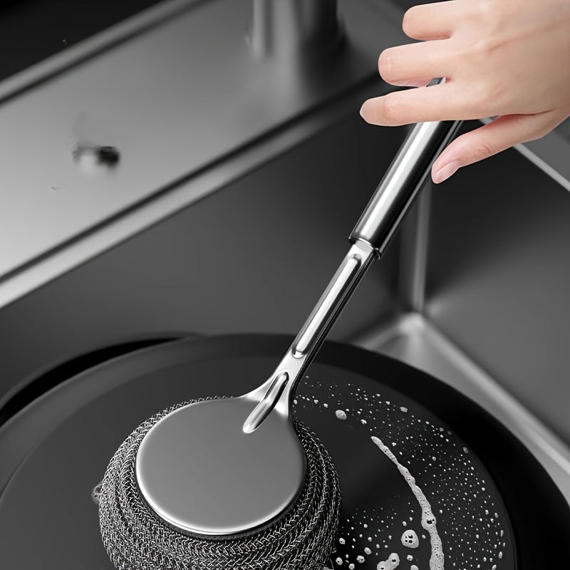 Stainless Steel Pan Scrubber with Long Handle, Durable Pot Cleaner, Multi-Purpose