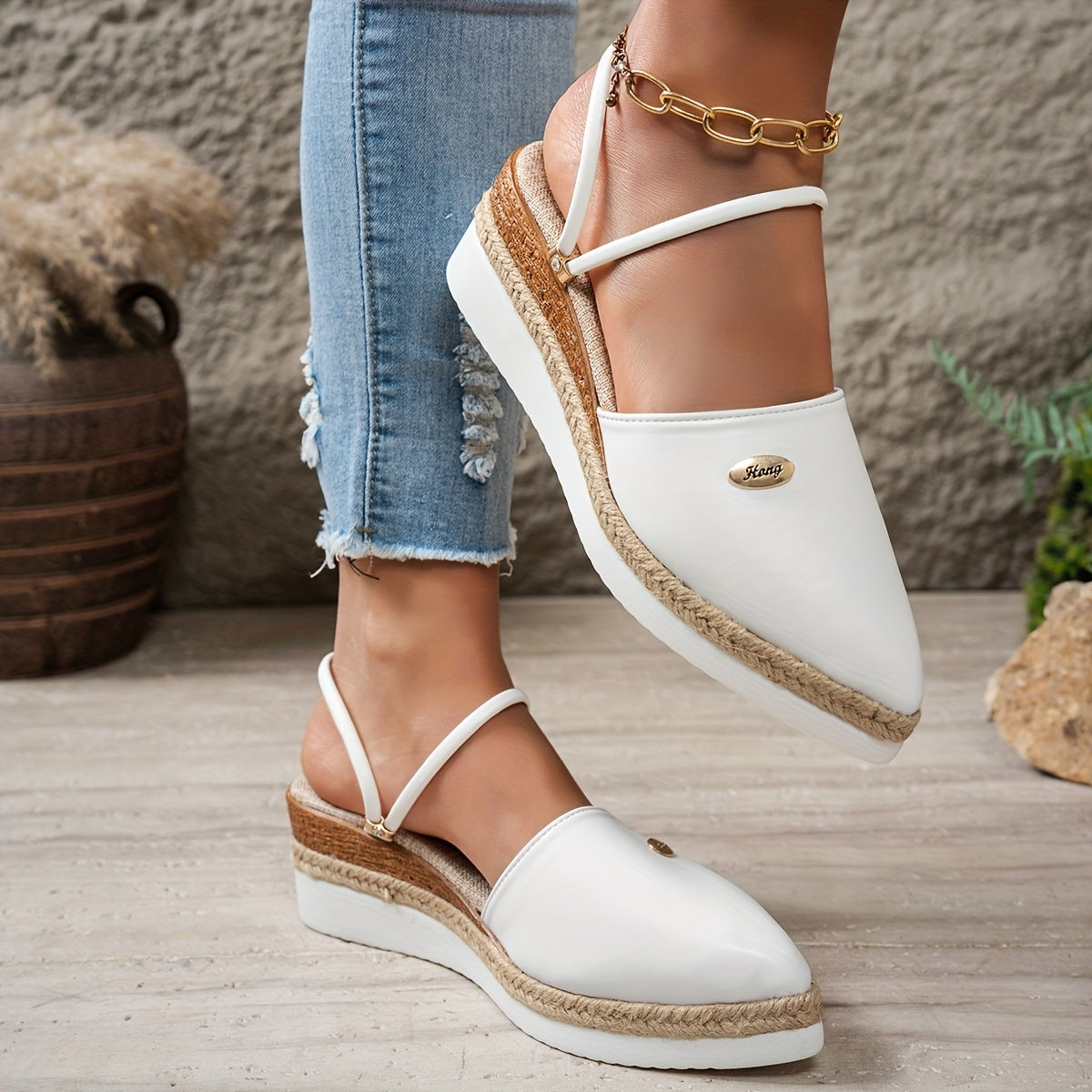 Women's White Pointed Toe Wedge Shoes Flat Summer Casual Strappy