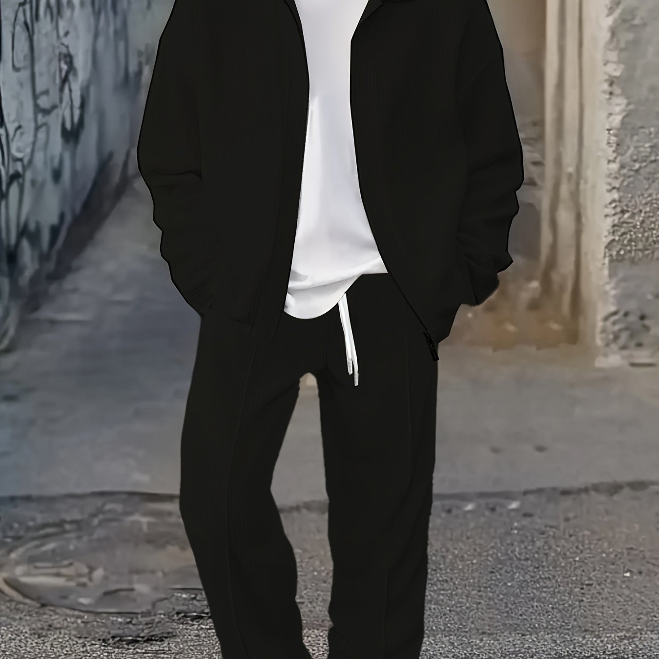 Erkaklar uchun bir rangli uzun qo'l sport kostyumi, fermuarlı kurtka va shimlar to'plami, ochiq havoda faoliyatlar uchun