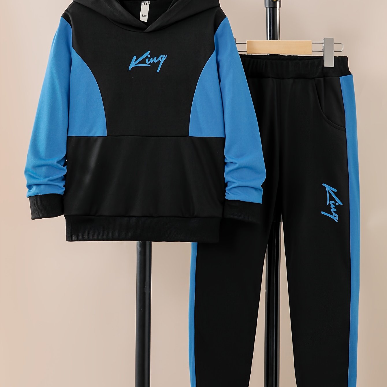 Casual Spring and Autumn Long Sleeve Hooded Patchwork Letter Print Set for Outdoor Wear