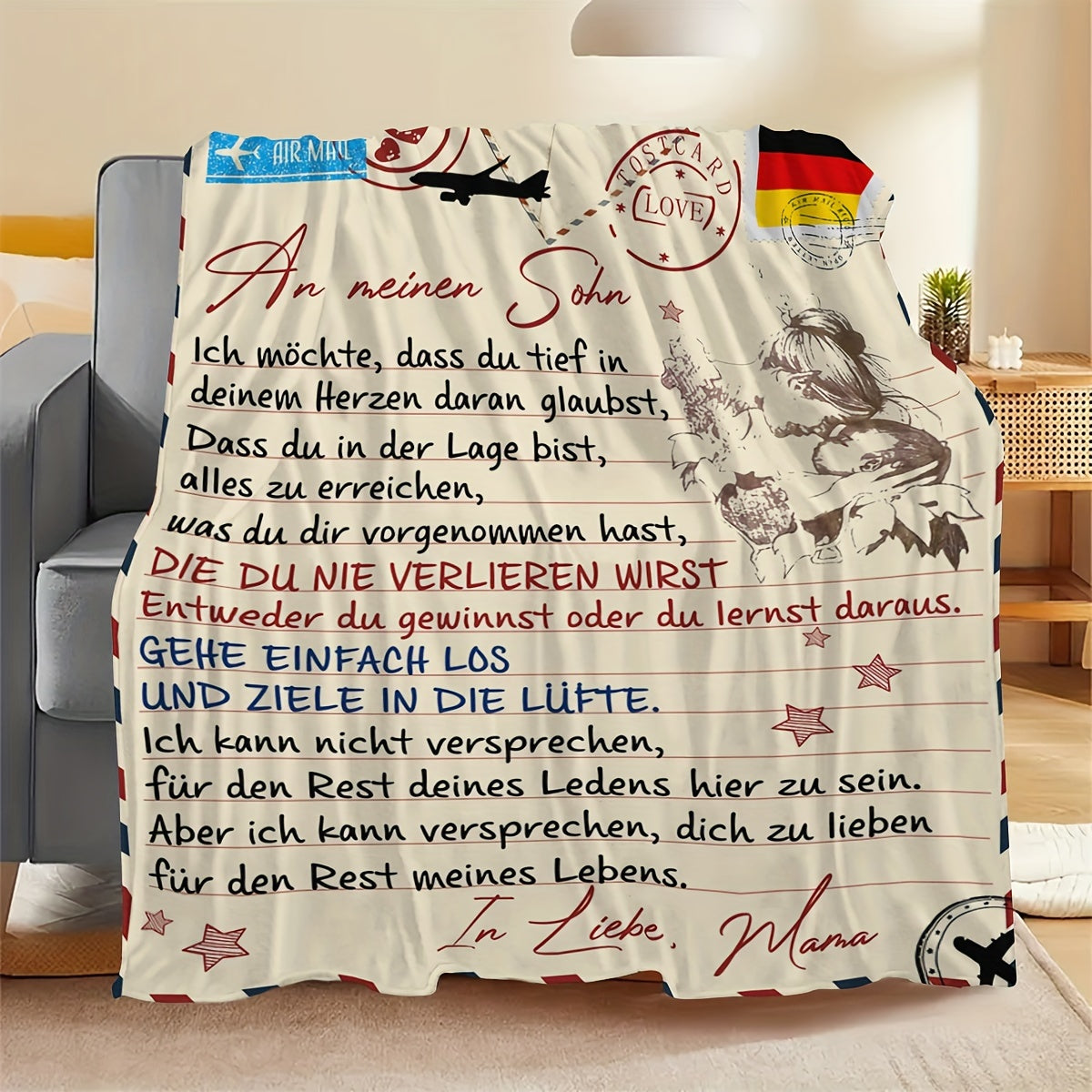 German Letter Blanket for Son Soft Warm Flannel Throw for Couch Bed Travel