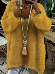 Plus o'lcham V-shaklli bo'yinli ayollar uchun sviter, polyester to'qilgan pulover, bir rangli