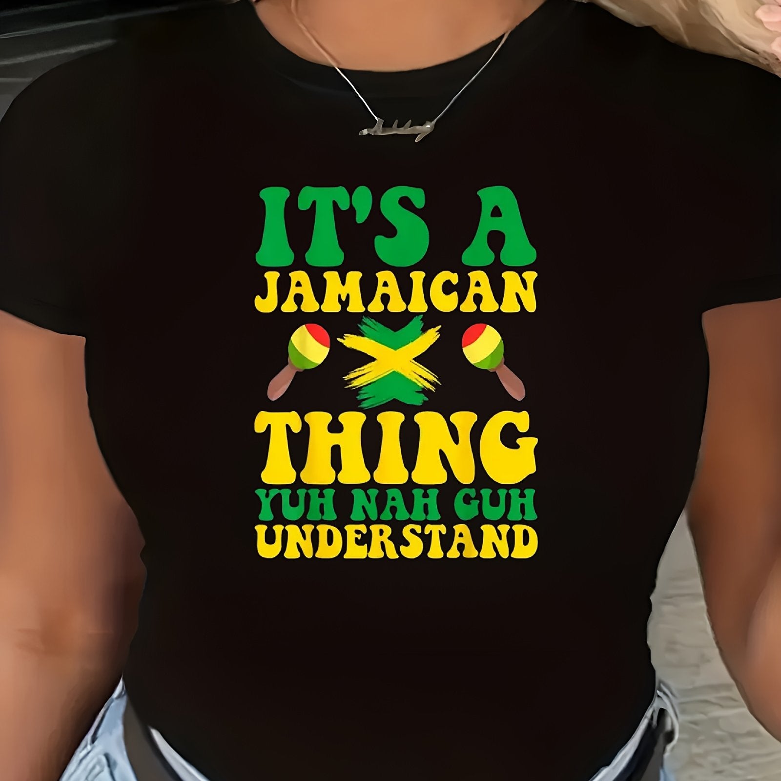 Camiseta gráfica con bandera de Jamaica para mujer, manga corta, top casual negro