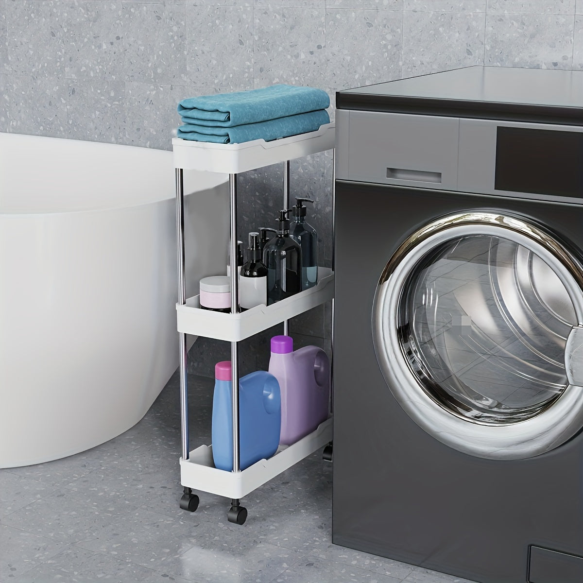 Oq plastikdan yasalgan, oson harakatlanuvchi g'ildiraklari bilan hammom uchun ingichka aylanuvchi saqlash aravachasi. Tor joylar va hammomni tartibga solish uchun mukammal. Zamonaviy saqlash uchun metall qo'llab-quvvatlash ustunlari mavjud.