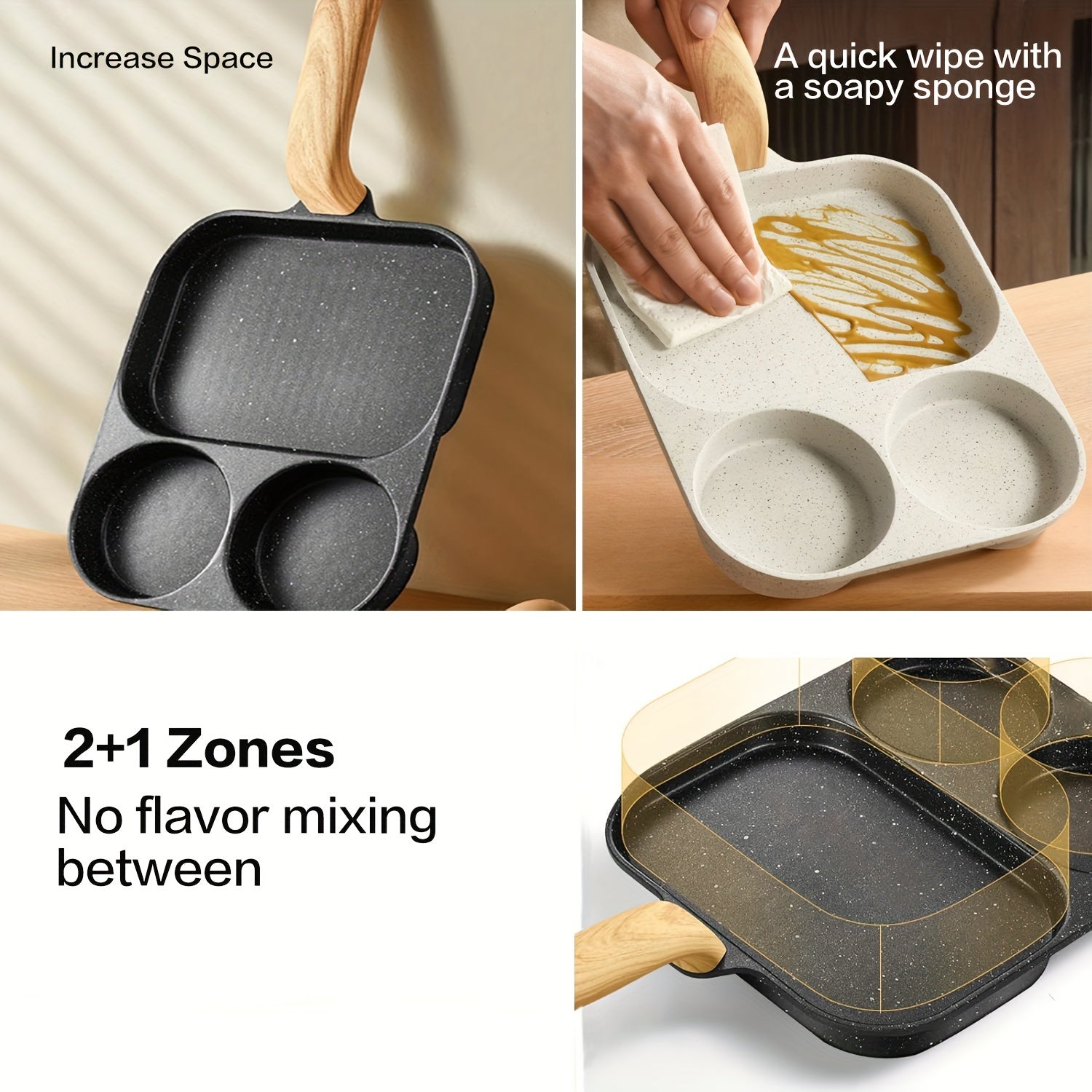 3-in-1 Non-Stick Aluminum Frying Pan for Eggs and Pancakes Induction Gas Stove Multi-Section Breakfast Skillet