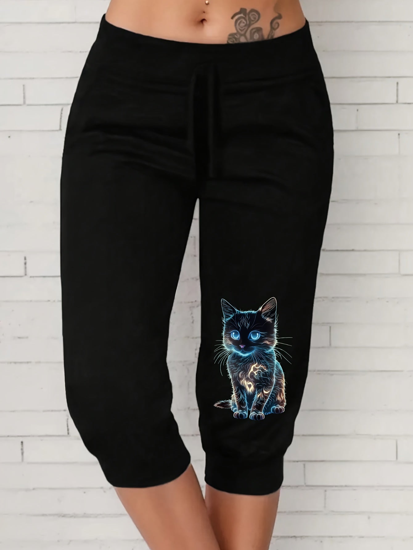 Pantalones joggers de talla grande para mujer negros con gráfico de gato azul y blanco, pantalones casuales tipo harem