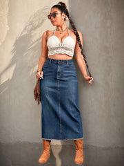 Women's Plus Size High-Waisted Denim Midi Skirt with Frayed Hem and Slit
