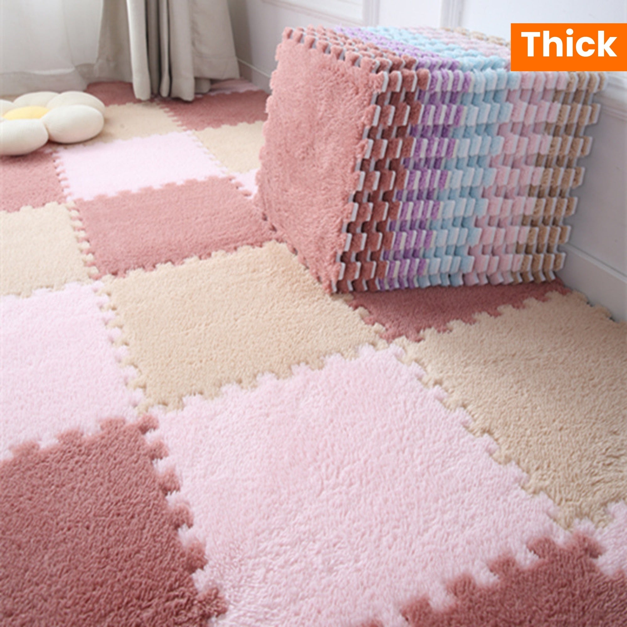 Set of 10 Square Floor Mats for Girl's Bedroom Playroom Thickened Carpet