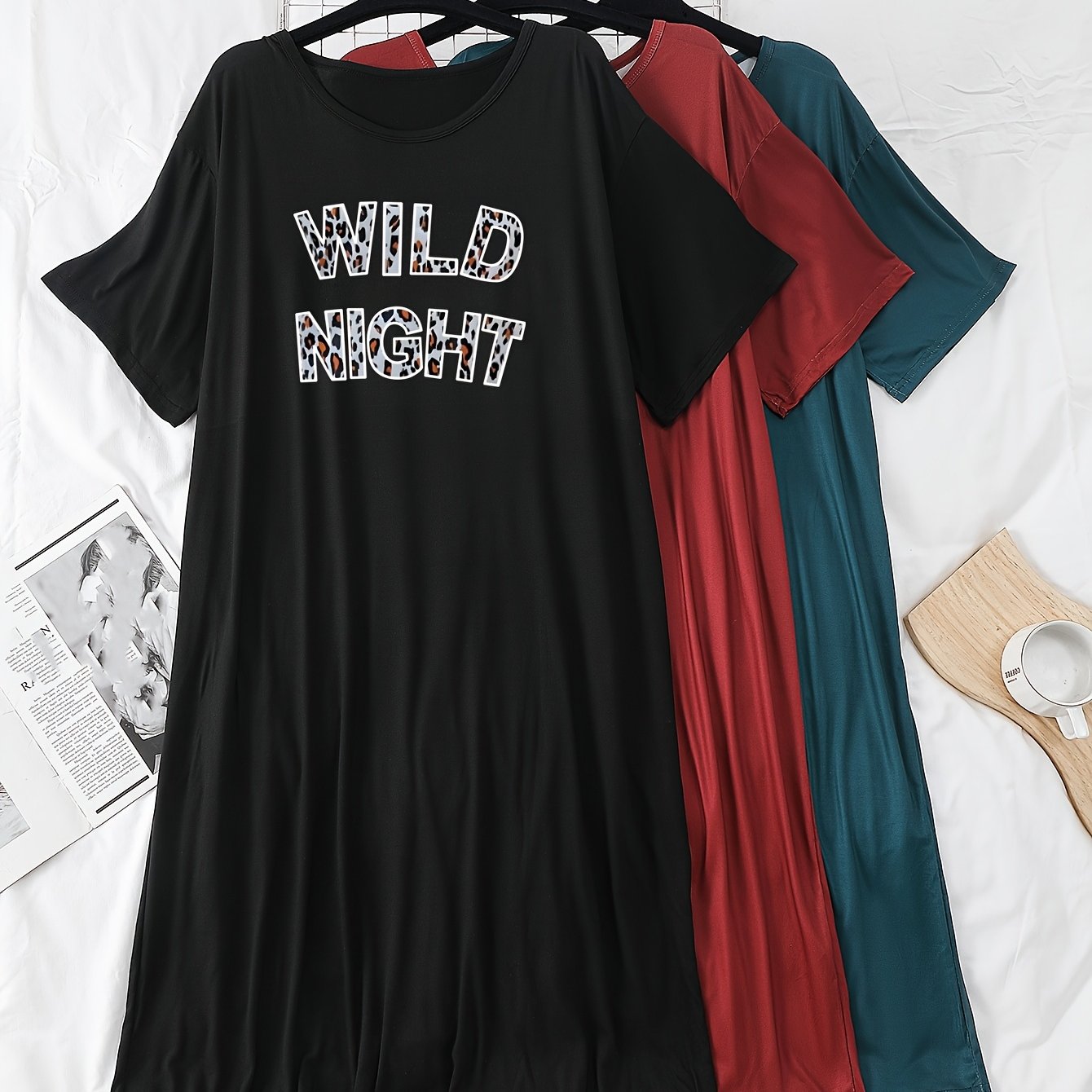 Women's 3pcs Letter Print Sleepwear Soft Stretch Short Sleeve Pajamas