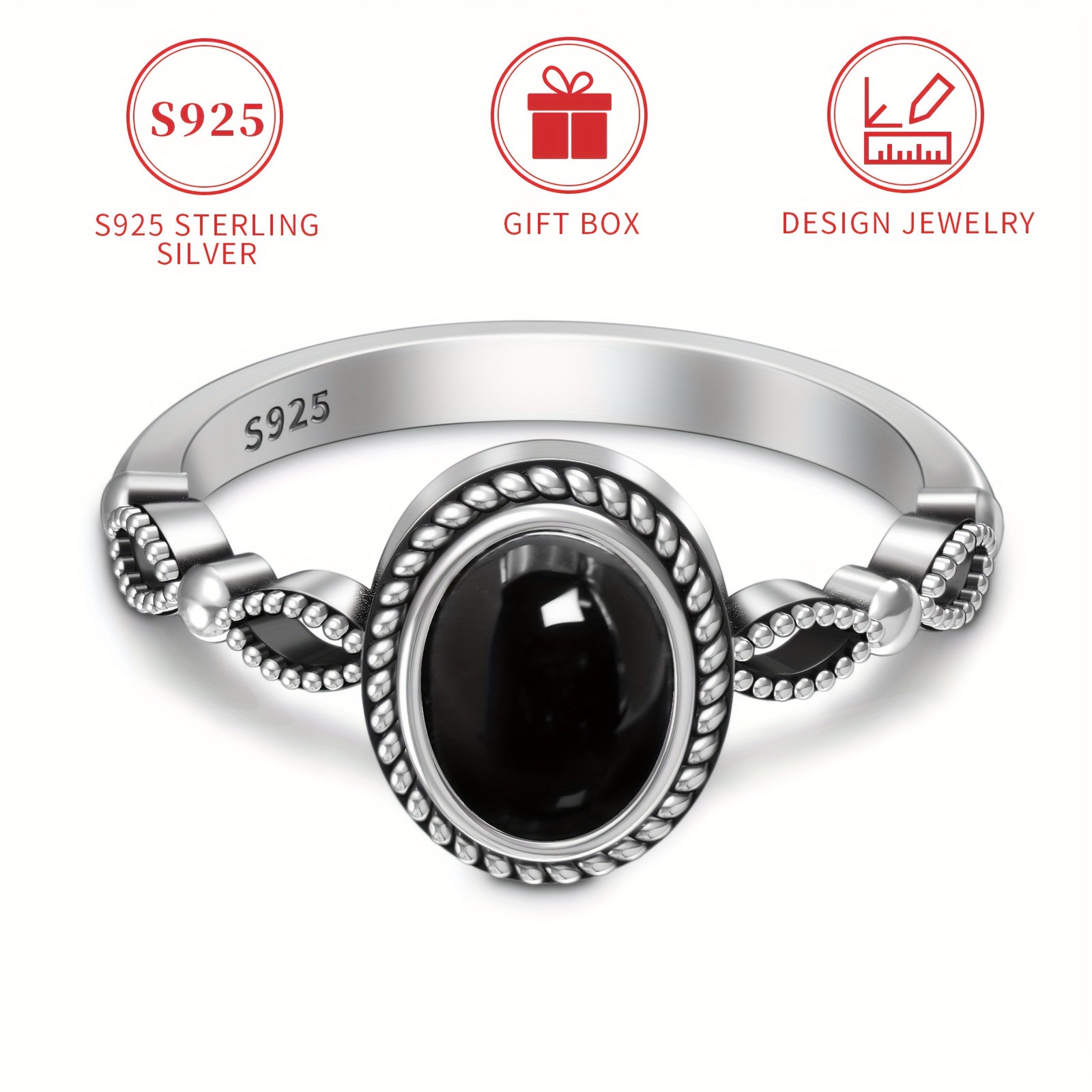 Ayollar uchun qora agate va oltin qoplamali detallarga ega Sterling Silver oval uzuk