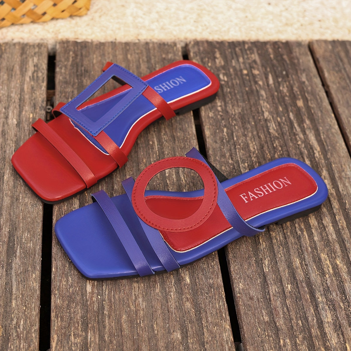 Women Flat Sandals Green Orange Geometric Slip-On Open-Toe Summer Beach