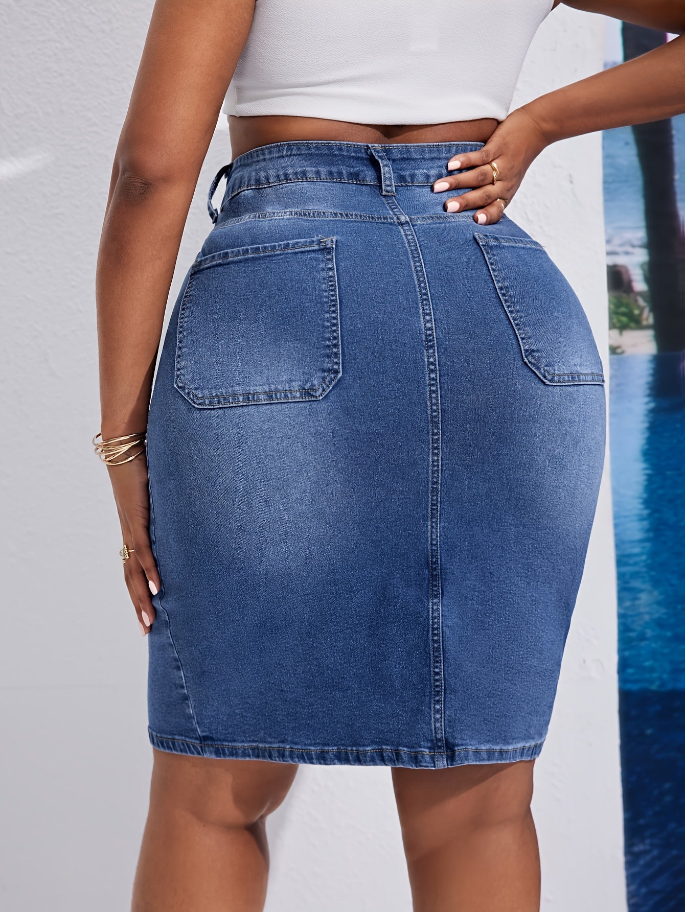 Миди-юбка из денима больших размеров с боковым разрезом, хлопок, моющаяся, синий