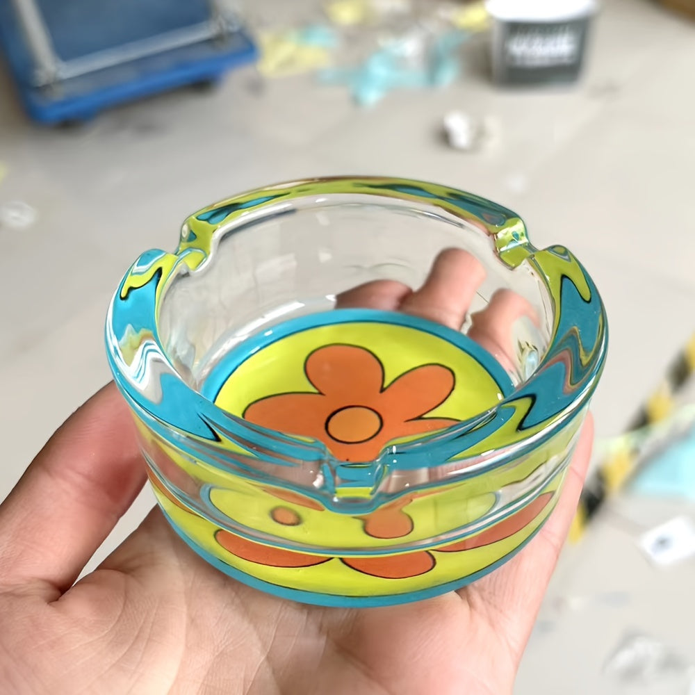 Unisex Glass Ashtray Round Flower Design 85mm Blue Yellow Orange Decoration