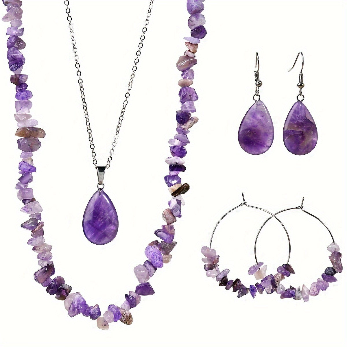 Boho-Chic Amethyst Jewelry Set Natural Stone Necklace and Earrings Gift for Women