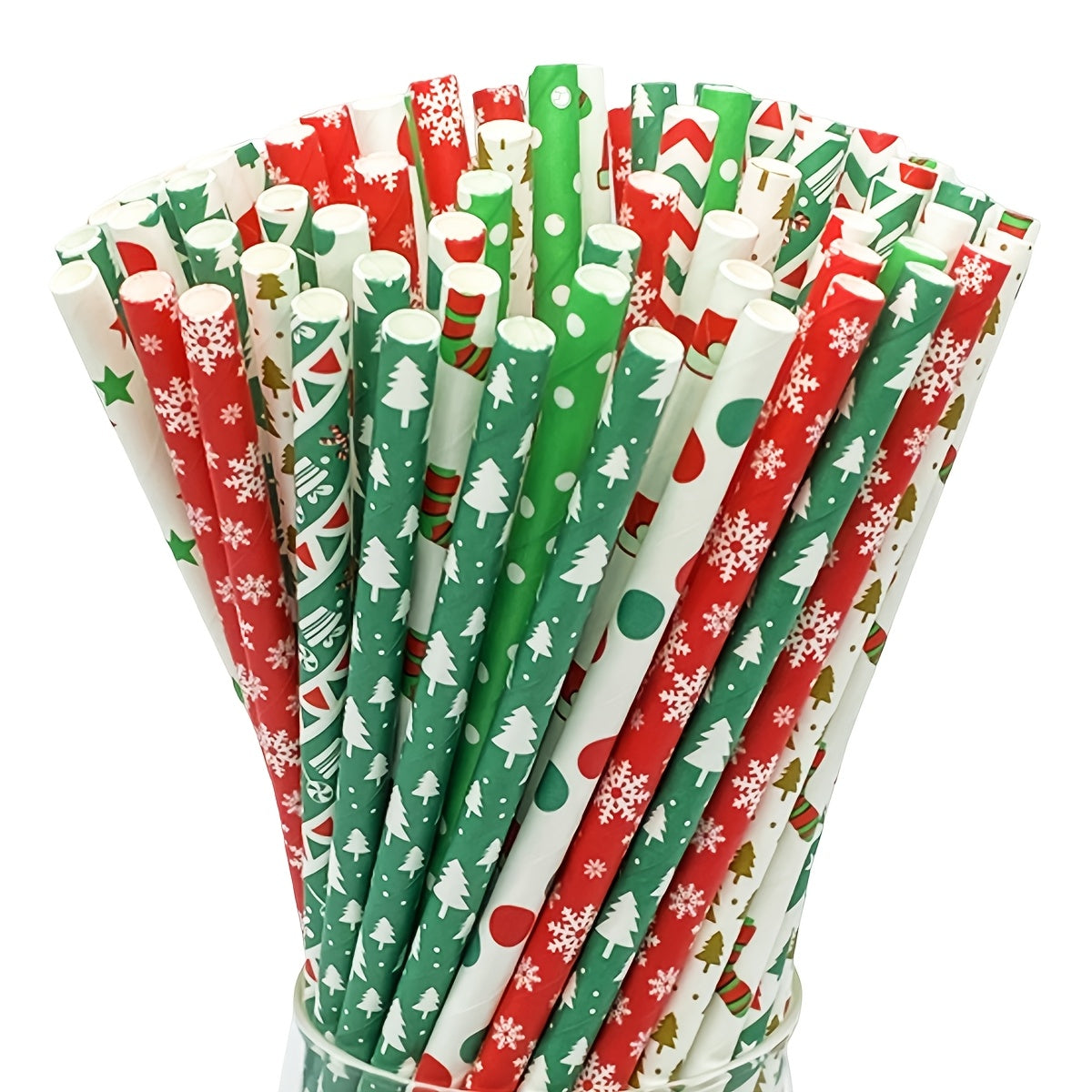Set of 25 Christmas Holiday Pattern Disposable Paper Straws for Parties and Celebrations