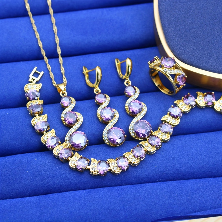 Women's Jewelry Set in Purple Zirconia with Necklace Earrings Bracelet and Ring