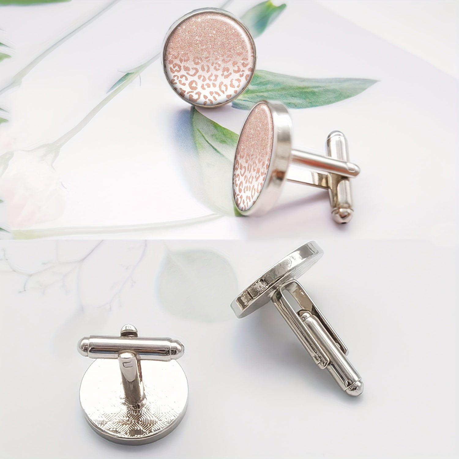 Set of 2 Unisex Metal Cufflinks Round Glitter Leopard Ombre Pattern Elegant Tuxedo Shirt Accessories