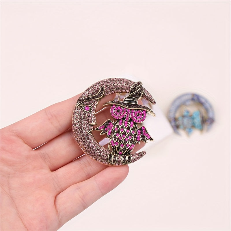Vintage Medieval Colored Rhinestone Owl Moon Brooch Elegant Animal-Shaped Crystal Pin for Women