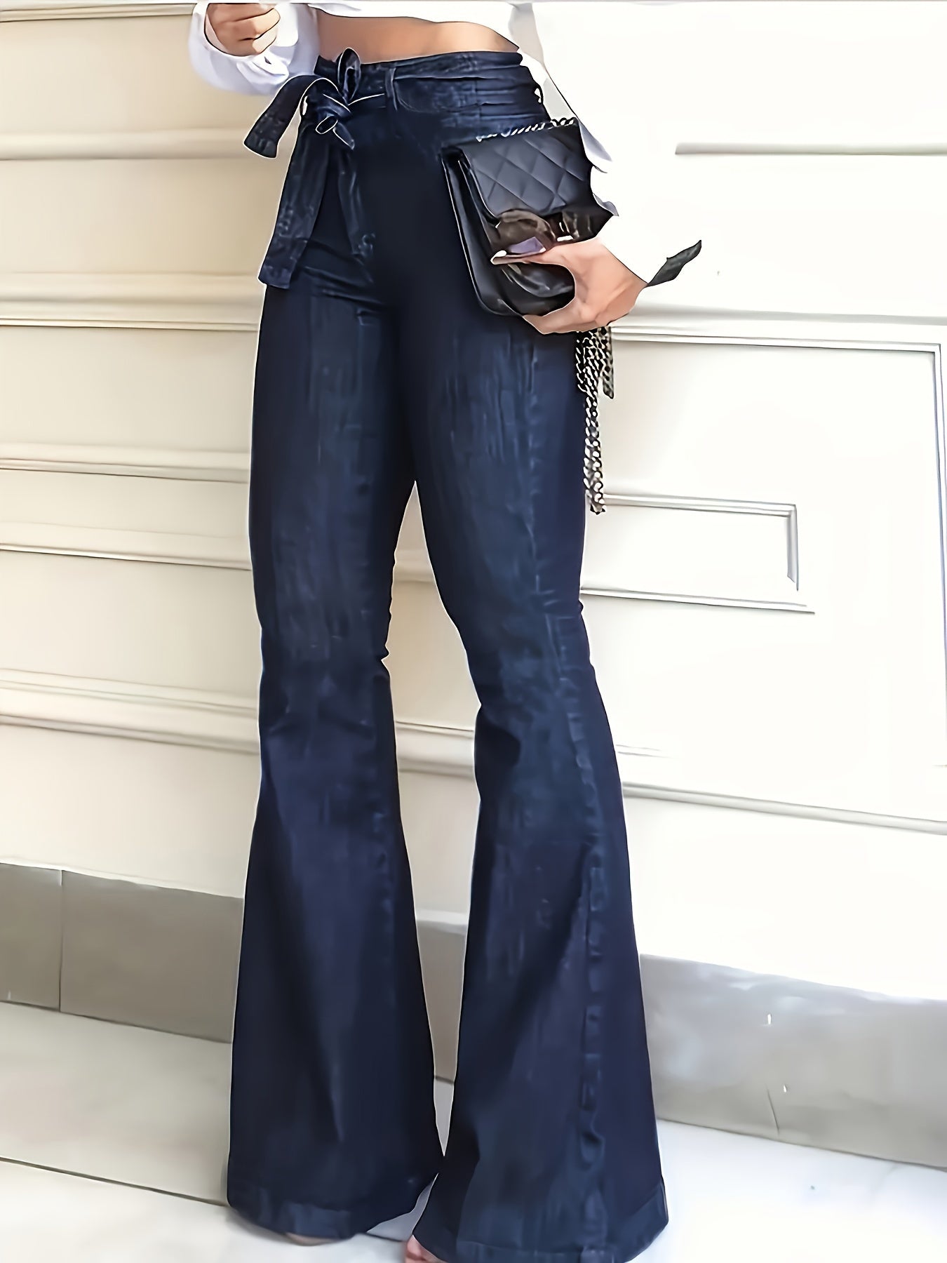 Women's Navy Blue High-Waist Flared Jeans with Stretch Denim and Tie Waist