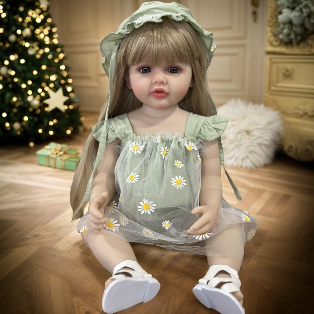 Full Vinyl Baby Doll 55.88 cm with Long Blonde Hair Green Daisy Dress Toddler Toy