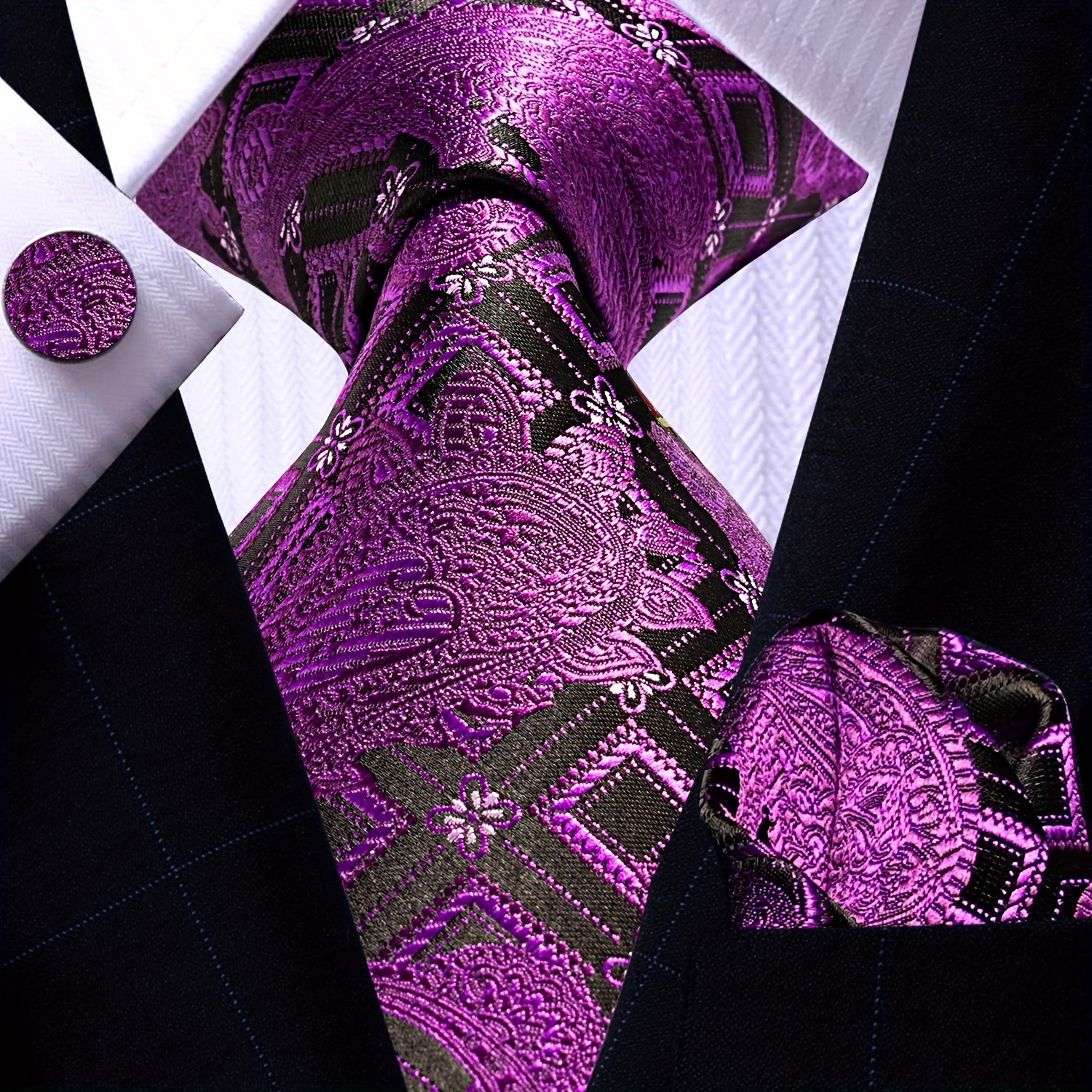 Men's Necktie Pocket Square Cufflinks Set for Wedding Business Party