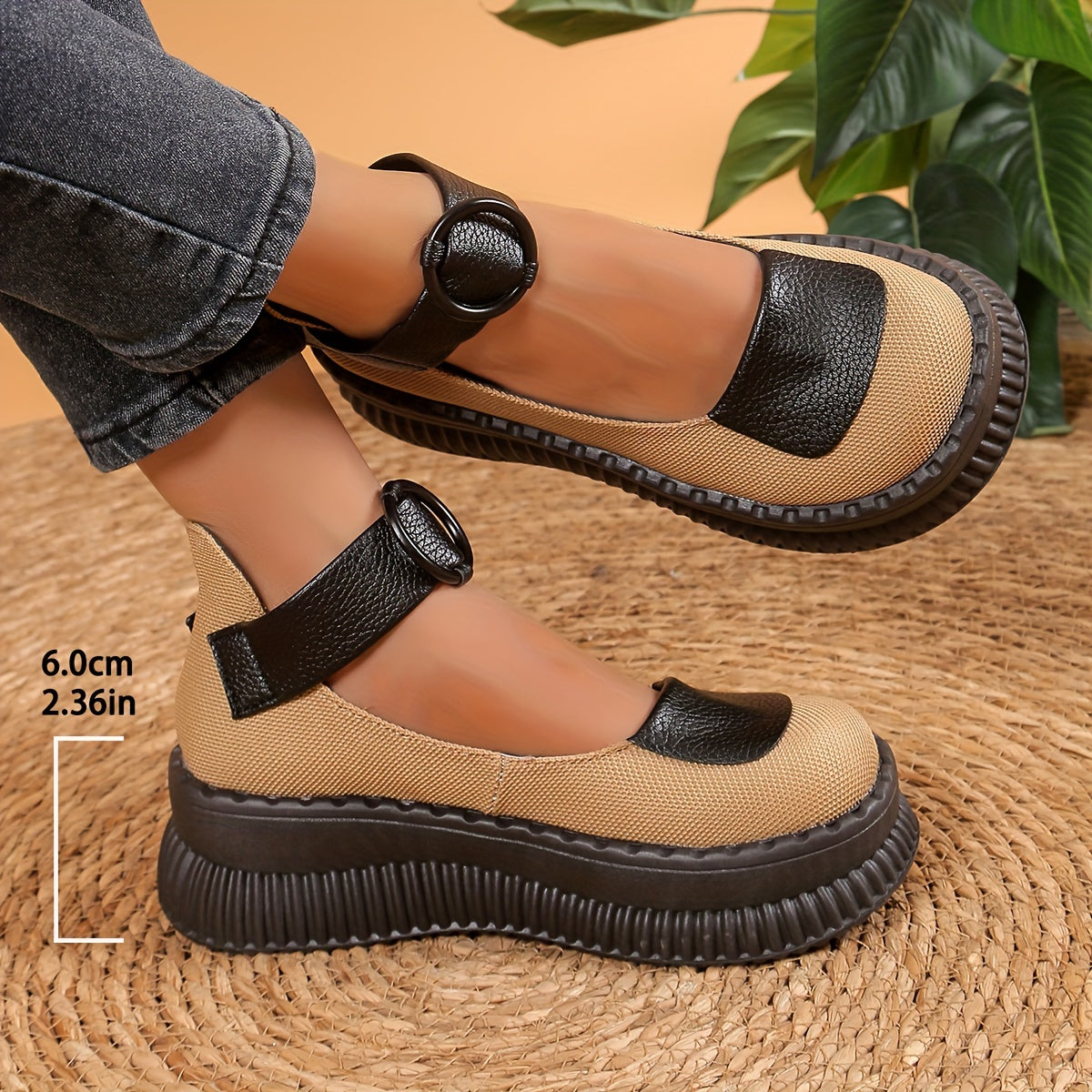 Women's Retro Thick Sole Wedge Shoes Beige Black Summer Casual Ankle Strap
