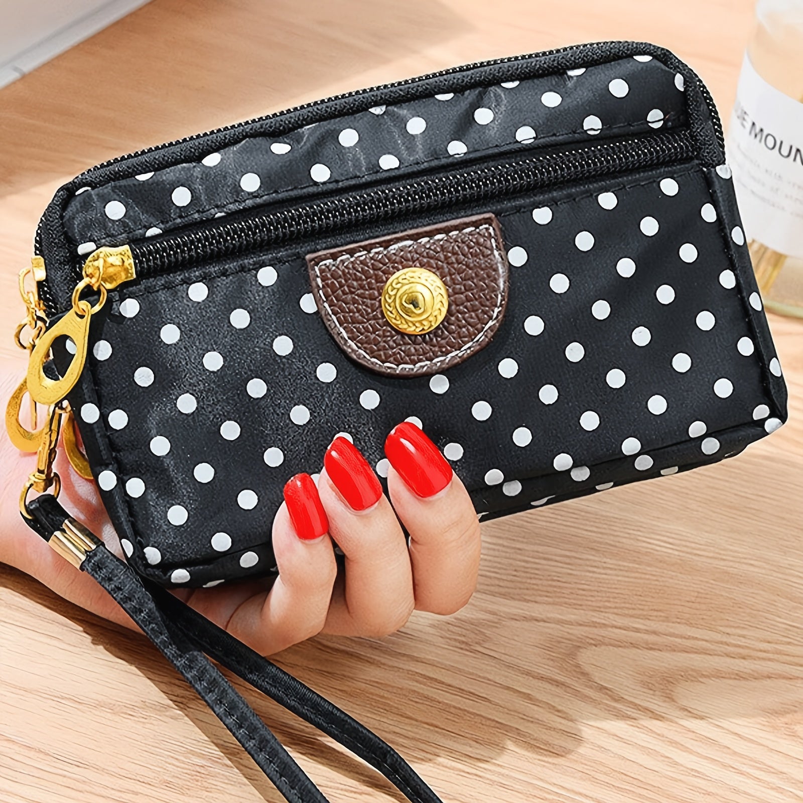 Women's Nylon Clutch Wallet with Polka Dot Pattern, Zipper Pockets, Mixed Colors