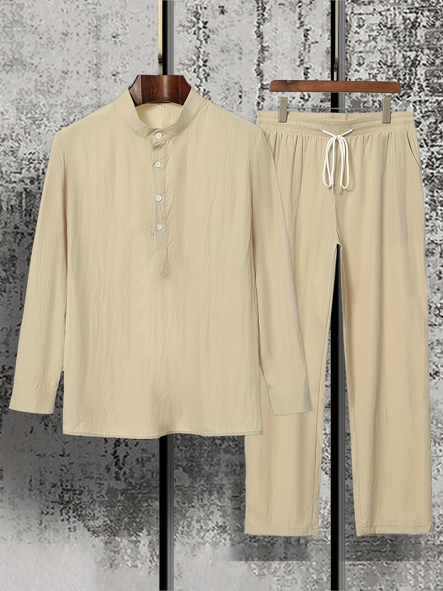 Men's Casual Polyester Suit Set with Solid Color Long Sleeve Shirt and Pants Plus Size