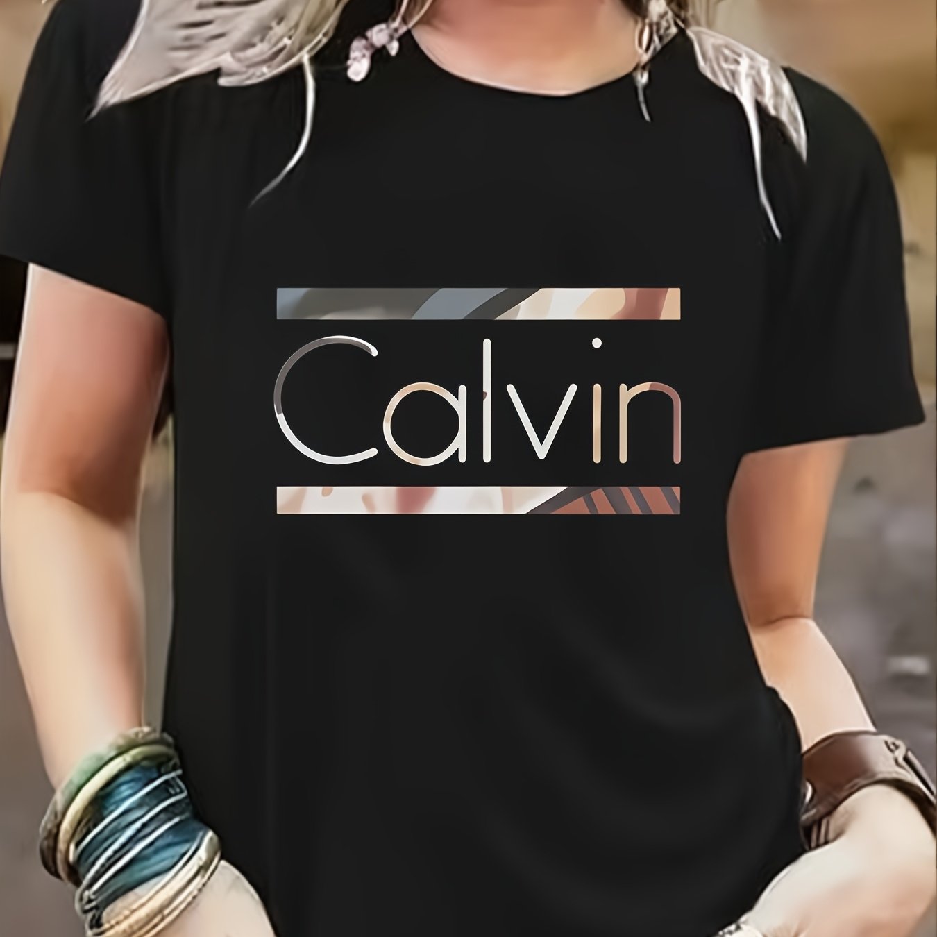 Women’s Cotton Crew Neck T-Shirt with Letter Print for Spring Summer