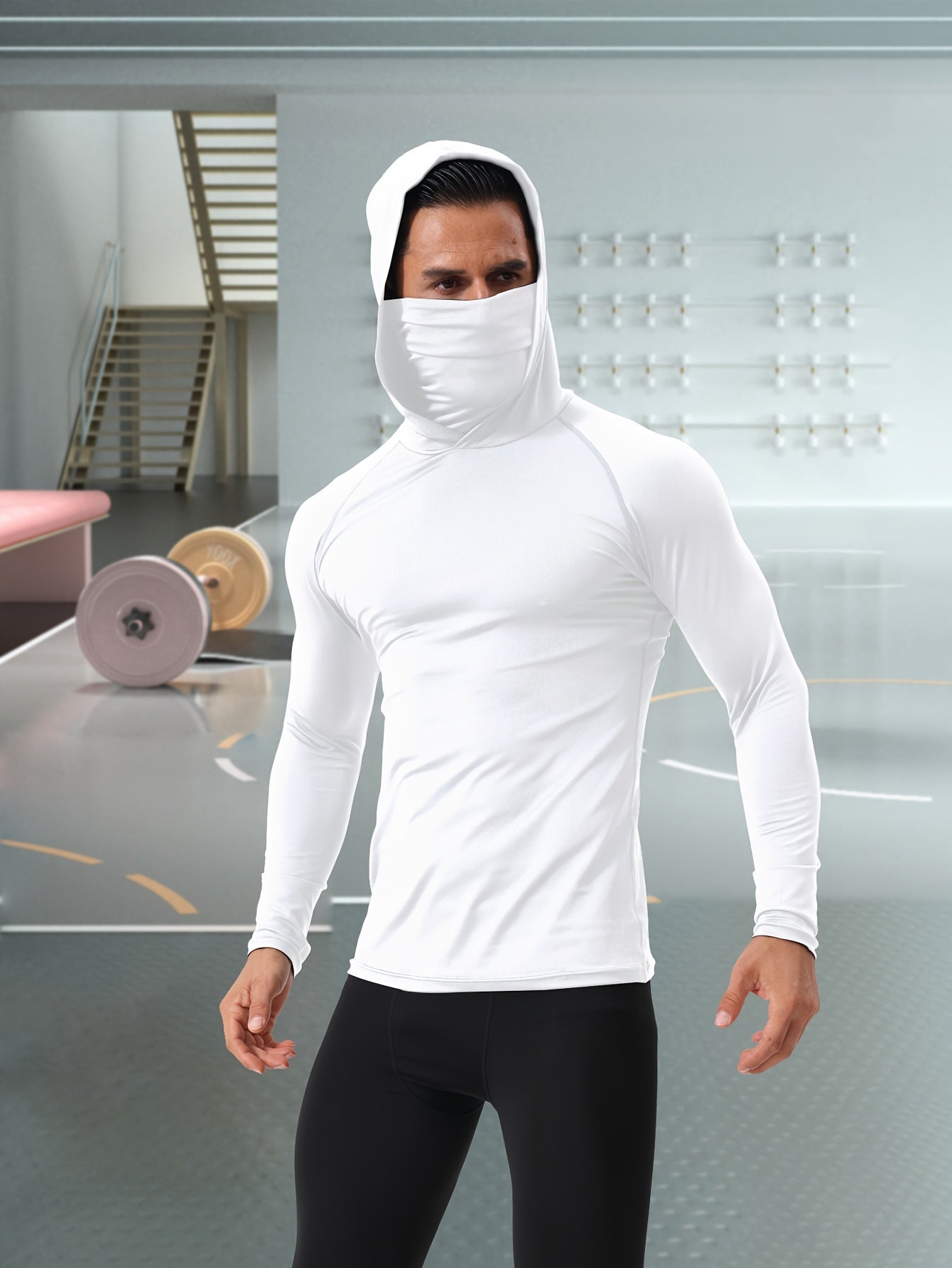 Men's Hooded Long-Sleeve T-Shirt with Mask Breathable Quick-Drying Compression Sports Top for Spring and Autumn