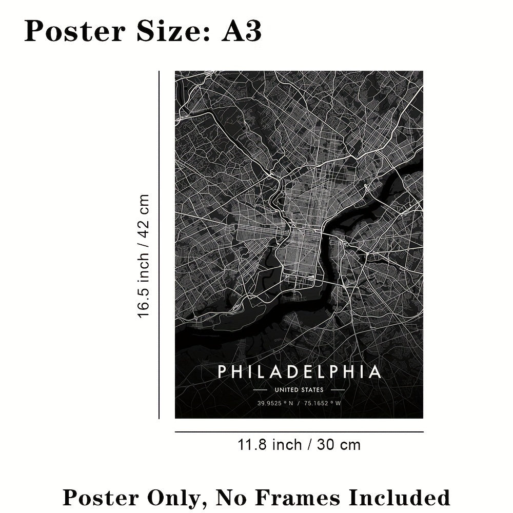 Large City Line Art Map Poster Minimalist Style Black Wall Decor A3 16.5x11.8 Inches