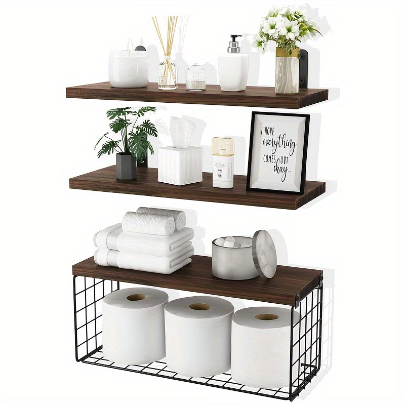 Wooden Bathroom Storage Rack with Paper Towel and Toilet Paper Baskets