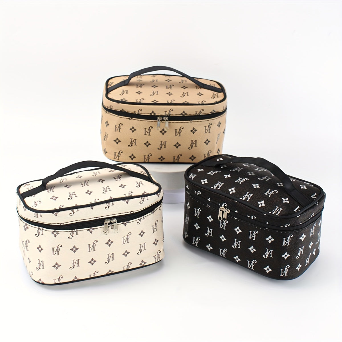 Minimalist Beige Synthetic Leather Makeup Bag with Black Handles and Zippers