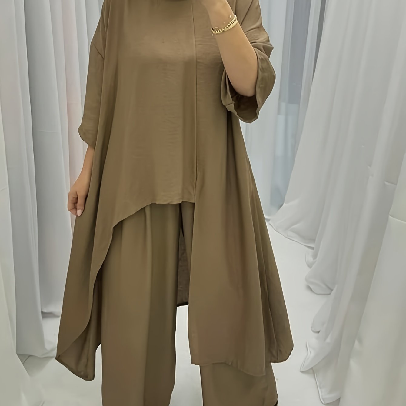 Plus Size Solid Two-Piece Set Women Casual Crew Neck Long Sleeve Top Wide Leg Pants
