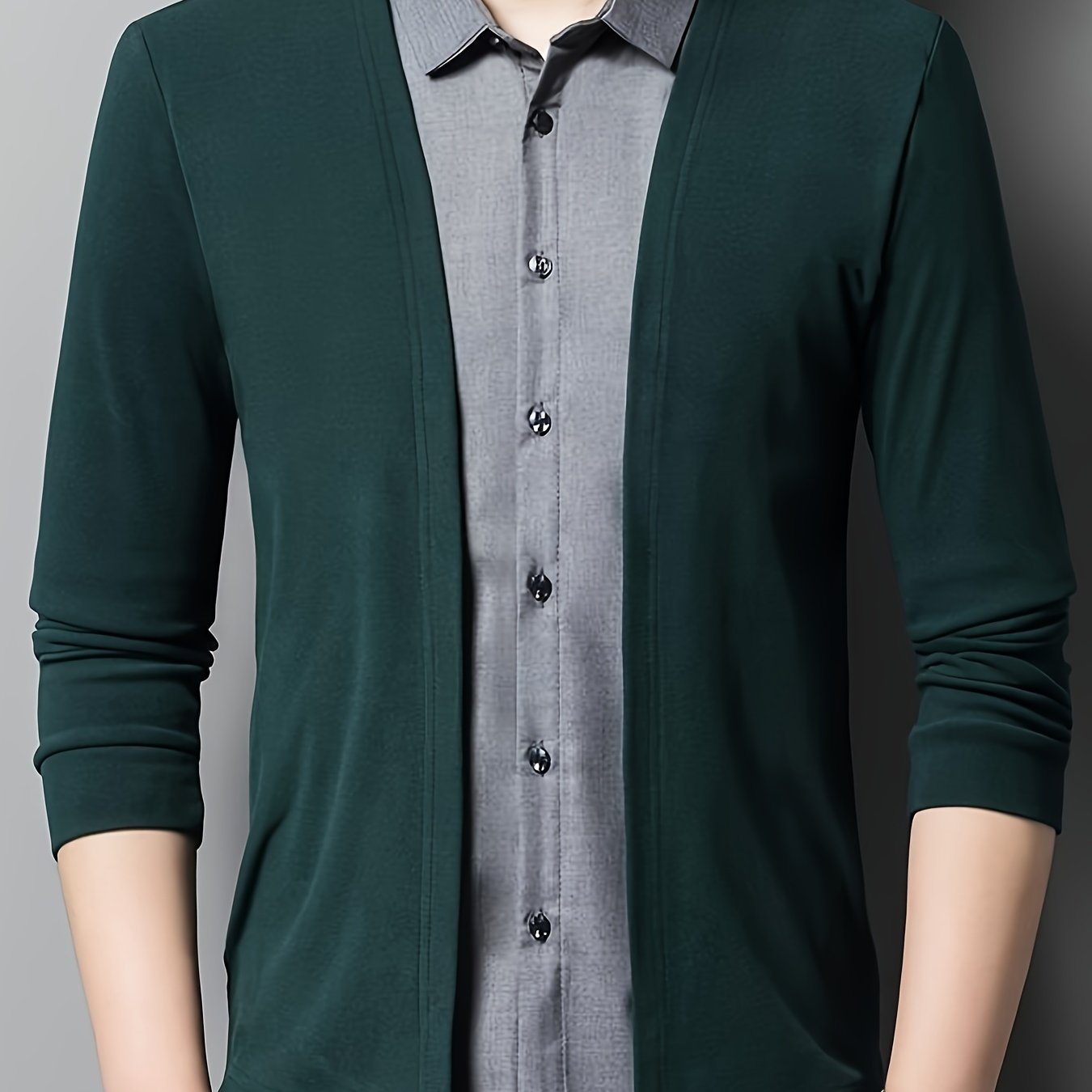 Men's Color-Blocked Casual Shirt Long Sleeve Collared Polyester