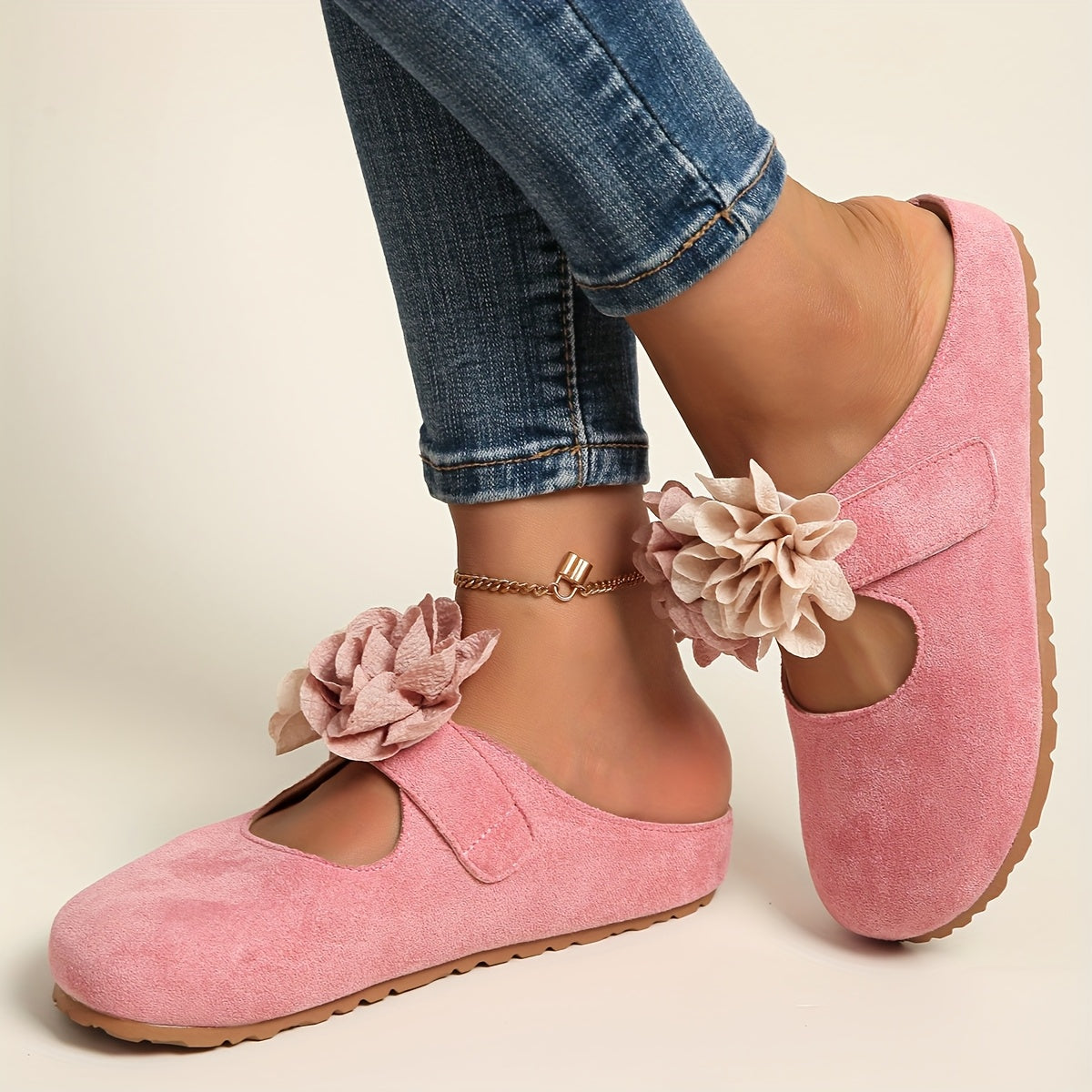 Women's Vintage Yellow Fabric Mule Shoes with Pink Floral Accents