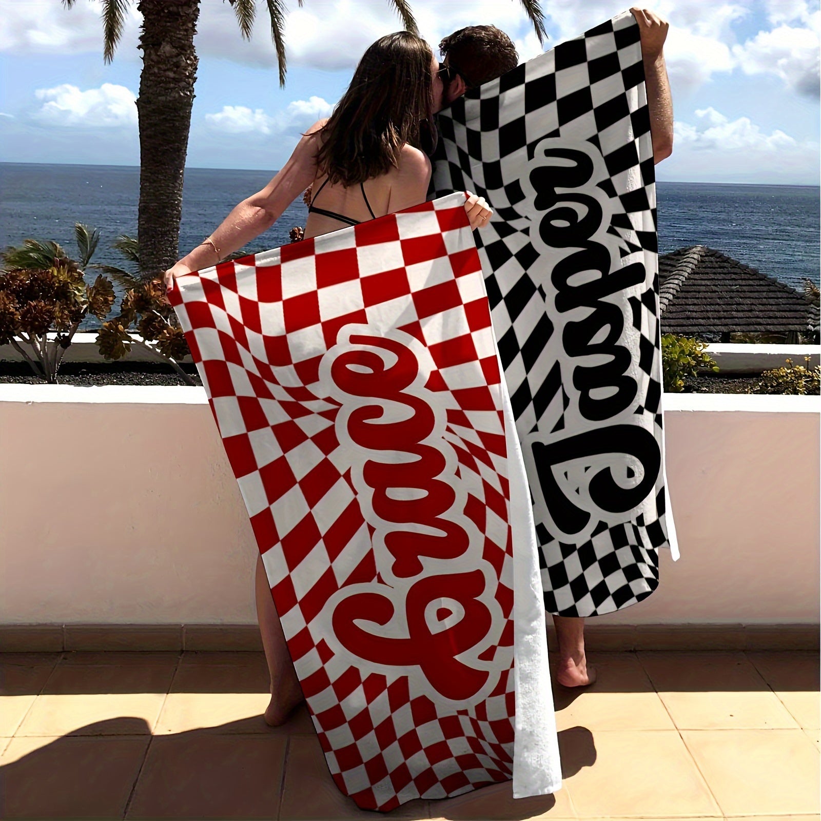 Customized Lattice Pattern Beach Towel with Name Quick-Drying and Absorbent for Beach Swimming Camping