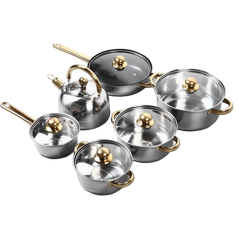 Stainless Steel Cookware Set 12-Piece Non-Stick Pots Pans Induction Glass Lid