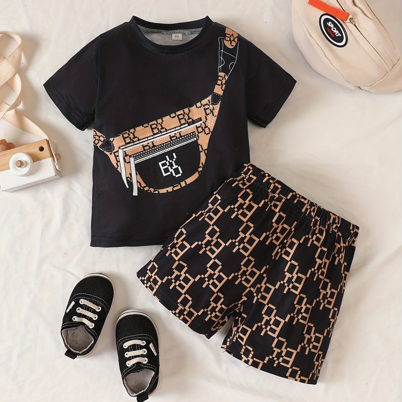 Boys Summer Outfit Set Beige T-Shirt Leopard Print Chest Bag Shorts Casual Polyester