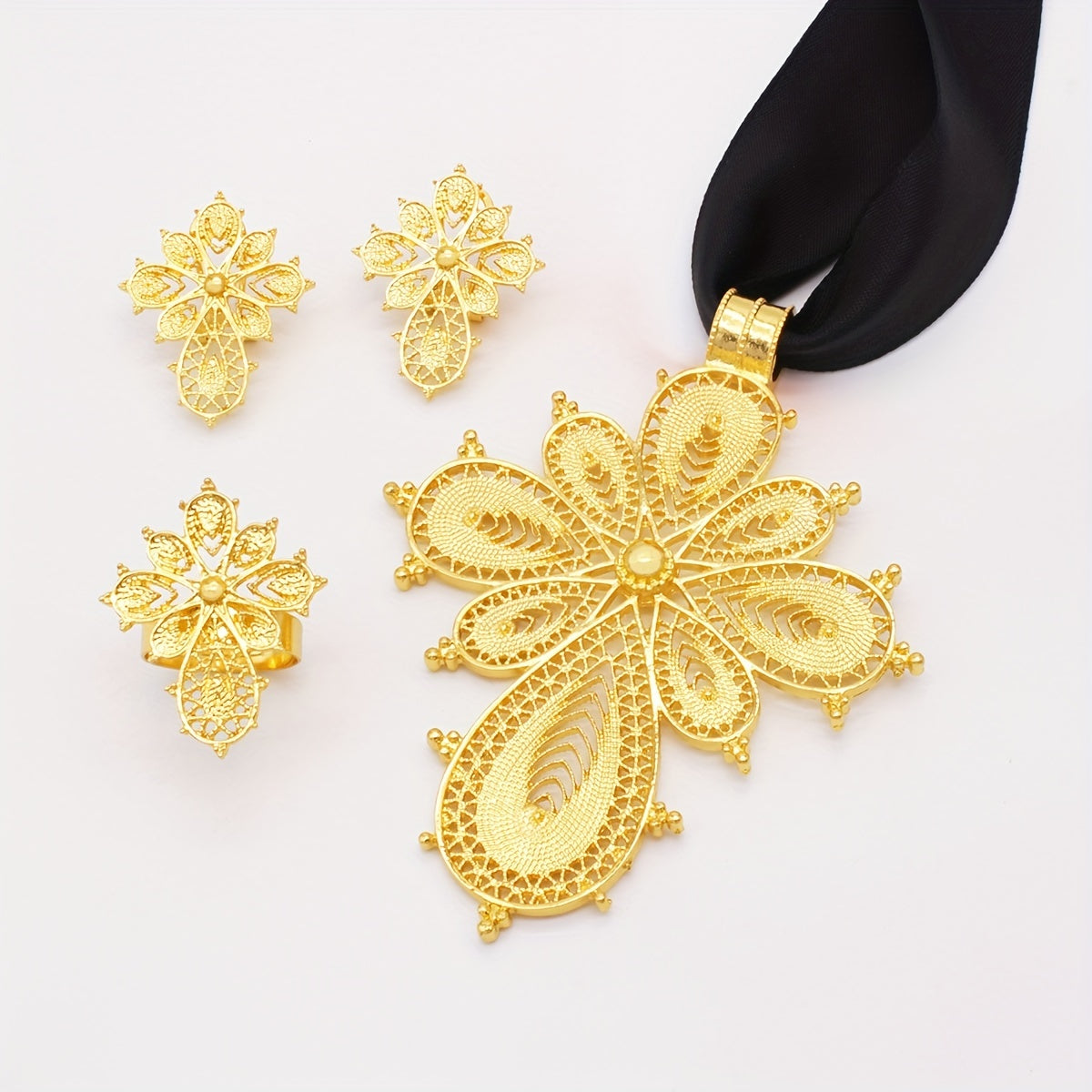 Gold Plated Jewelry Set with Earrings Necklace and Ring for Evening Parties