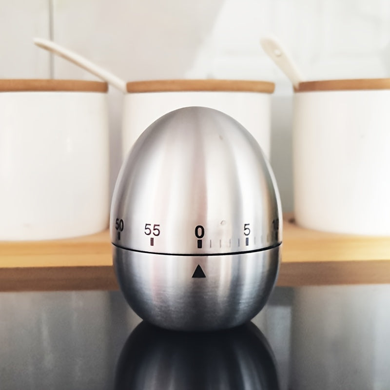 Stainless Steel Egg-Shaped Mechanical Timer: 60-Minutli, Batareyasiz, Pishirish va pishirish uchun ideal, Oson o'qiladigan displey
