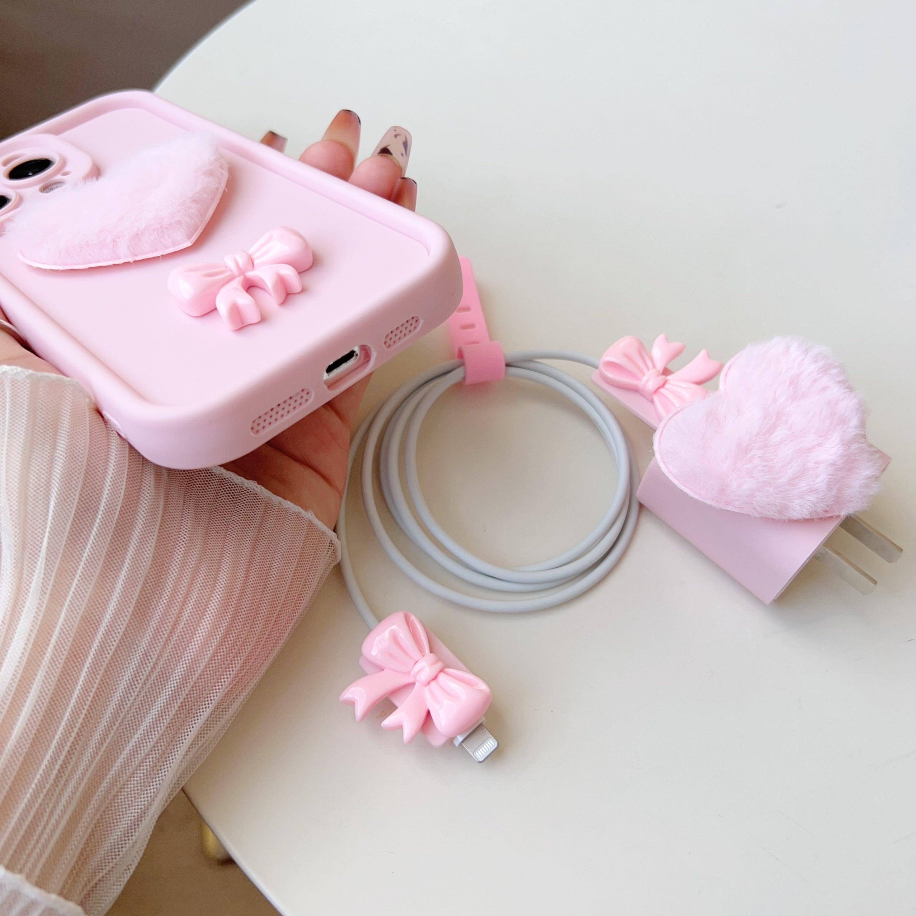 5-Piece iPhone Protection Set with Pink Butterfly Case Charger Cable Cases and Cable Tie