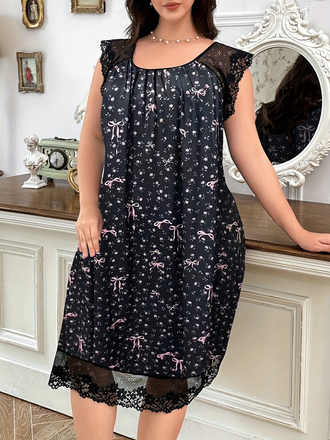 Women's Navy Blue Floral Sleep Dress with Lace Trim Nightgown