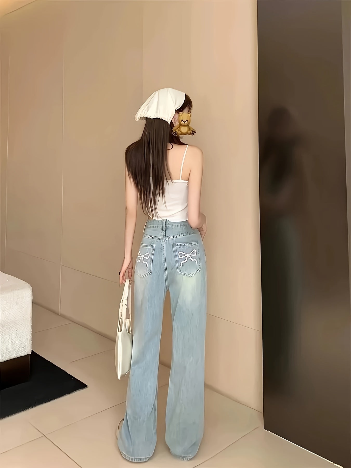 Light Blue High-Waist Embroidered Straight Leg Jeans for Women