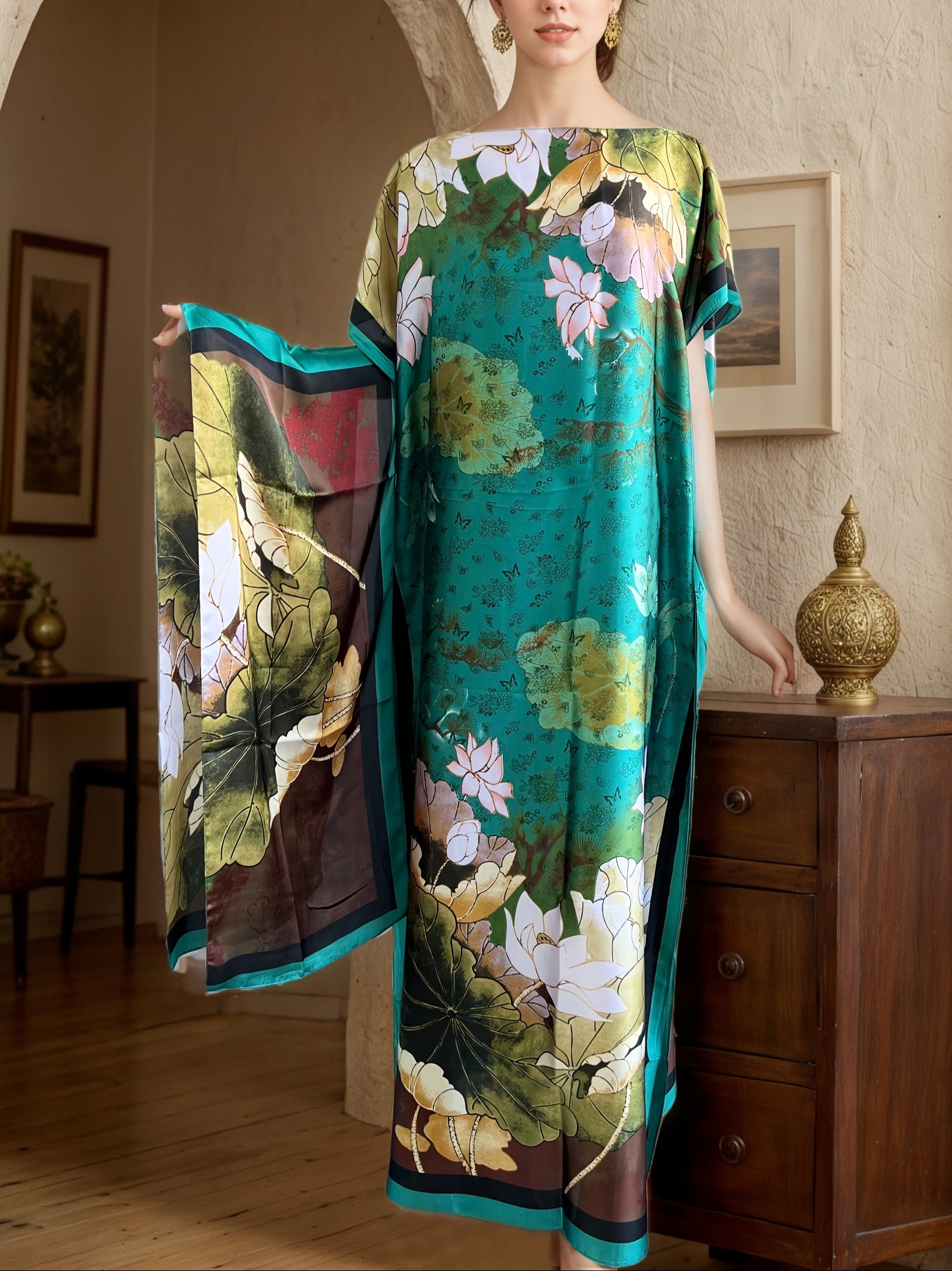 Plus Size Floral Print Maxi Dress With Scarf Loose Fit Short Sleeve All-Season