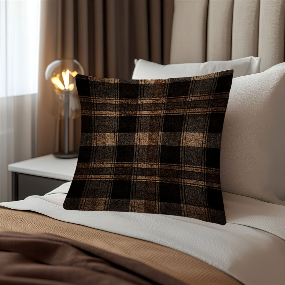 Dark Brown Plaid Pillow Cover with Hidden Zipper Polyester Fabric for Sofa and Chair