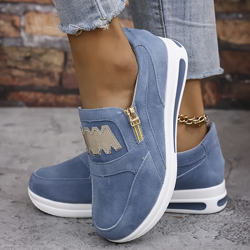 Women's Breathable Casual Sneakers with Zipper Light Blue Low-Top Sport Shoes