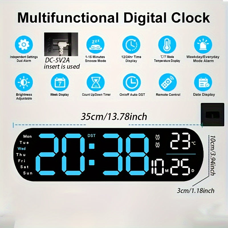 Digital Wall Clock with Remote Control 13.7 Inch Large LED Display Dual Alarms Auto Dimmable Night Light