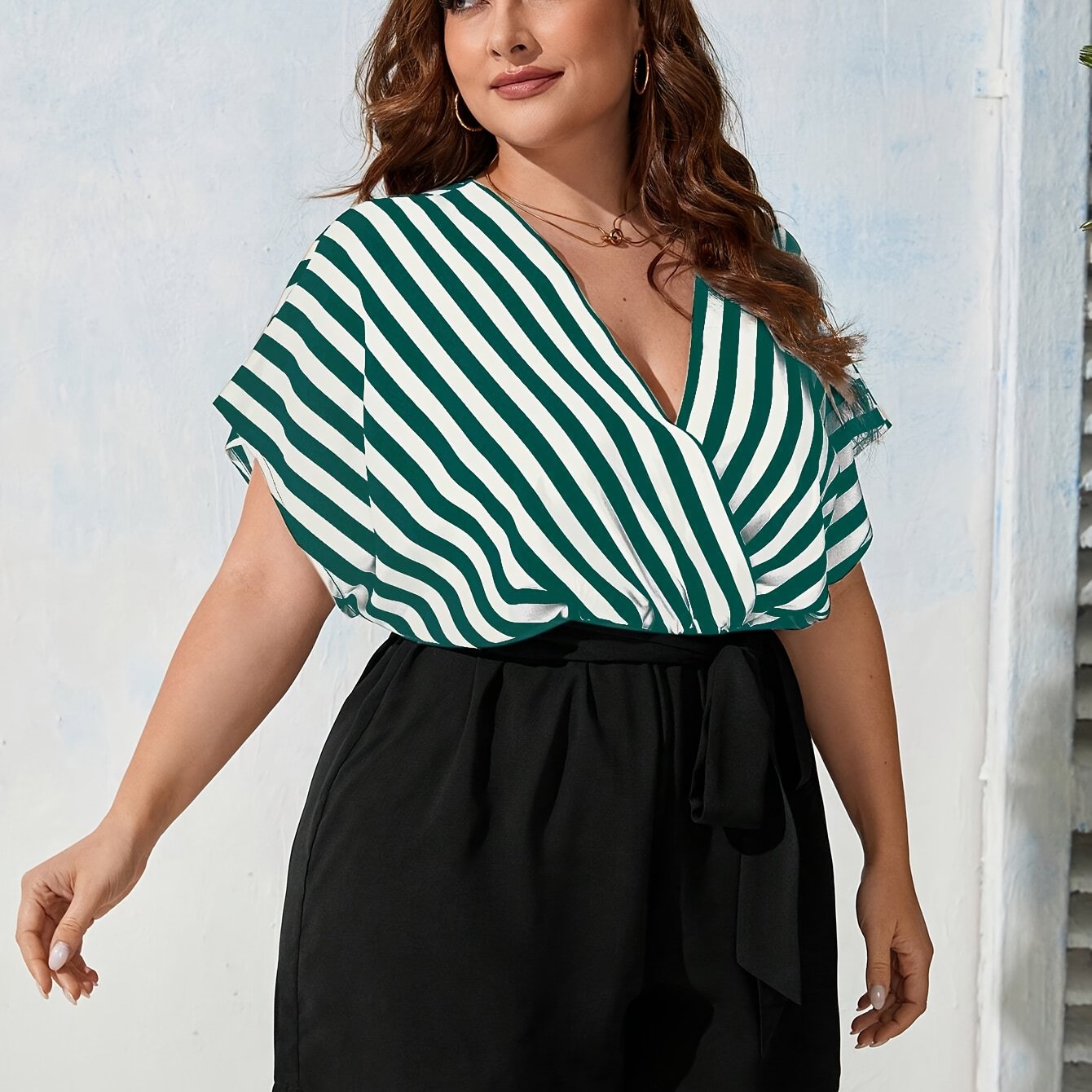 Plus Size Women's Knit Jumpsuit V-Neck Geometric Pattern All-Season