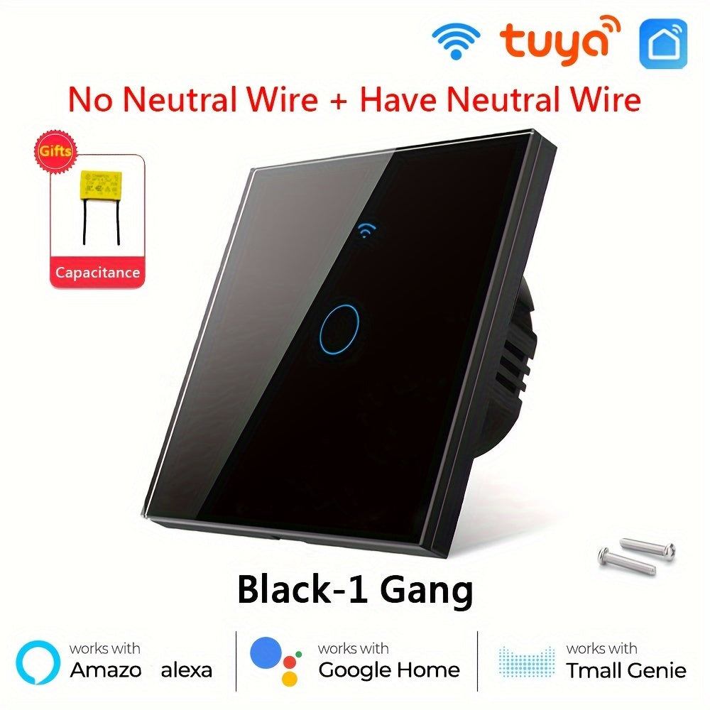 Smart Touch Wall Switch WiFi App Control Tempered Glass 86mm Single or Zero Wire Replacement in White or Golden